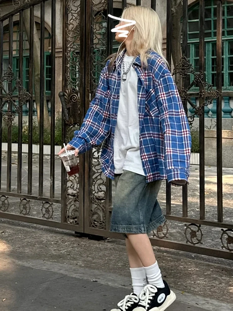 

Ретро-стиль, Гонконг, синий клетчатый свободный женский пиджак, дизайн ранней осени 2026, американский стиль, верхняя одежда, милый стиль, японский стиль...