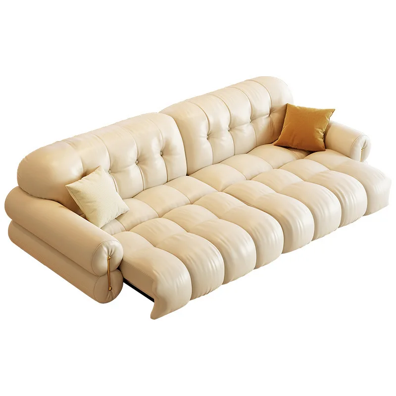 

French marshmallow leather straight row sofa bed dual-purpose piano key function retractable cloud electric sofa