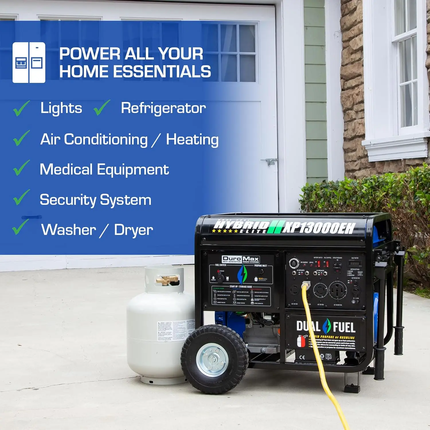 XP13000EH Dual Fuel Portable Generator 13000 Watt Gas or Propane Powered Electric Start-Home Back Up Blue/Gray