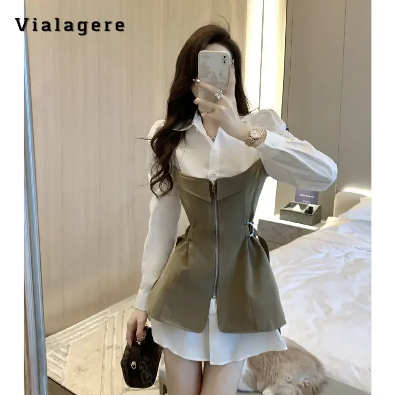 2024 Summer  Sexy Long Sleeve Turn Down Collar Zippers Shirt Dresses Women's Causal Patchwork Sheath High Waist Hotsweet Dress