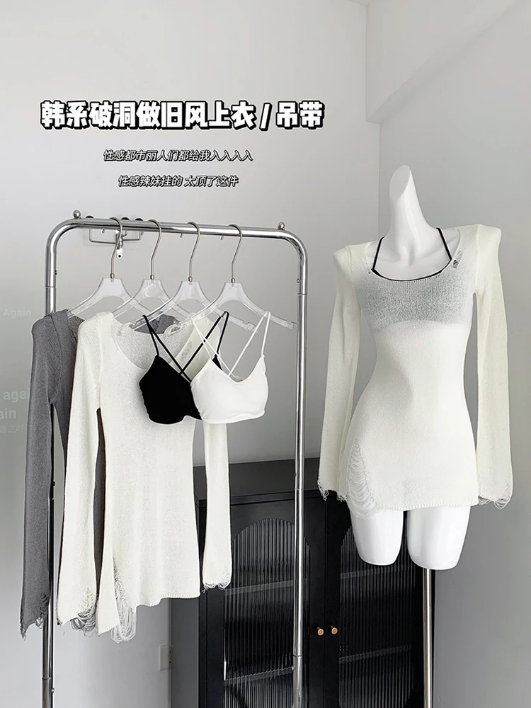 Korean Fashion Sexy See Through Sleeves T-Shirts Slime Women Chic Crop Top Hollow Out Crochet Top Y2K Hot Aesthetic Streetwear