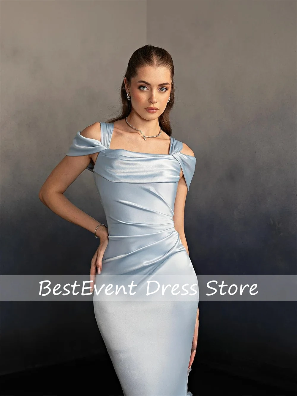 

Customized Sky Blue Classic Handmade Flower Party Gown Rhinestone Mermaid Off-the-shoulder Long Dresses Evening Dresses