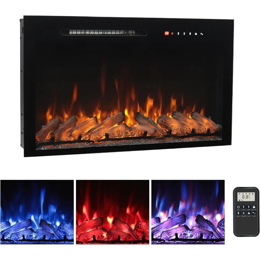 33 in Electric Fireplace Inserts Wall Mounted and Recessed Fireplace Heater with Remote Control Featuring 8 Flame Colors Adjust