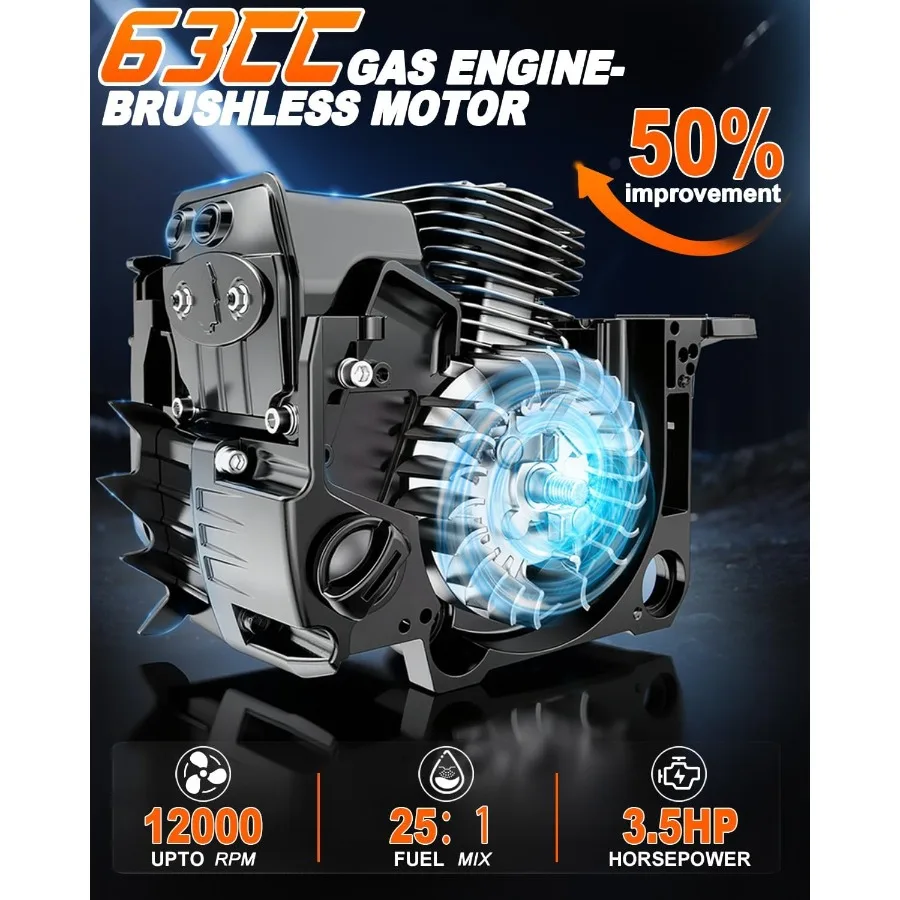 63CC Gas Powered Chainsaw 20 Inch 2-Cycle Engine with 2 Chains Bars Heavy Duty Gas Chain Saw for Tree Felling Logging and Firew