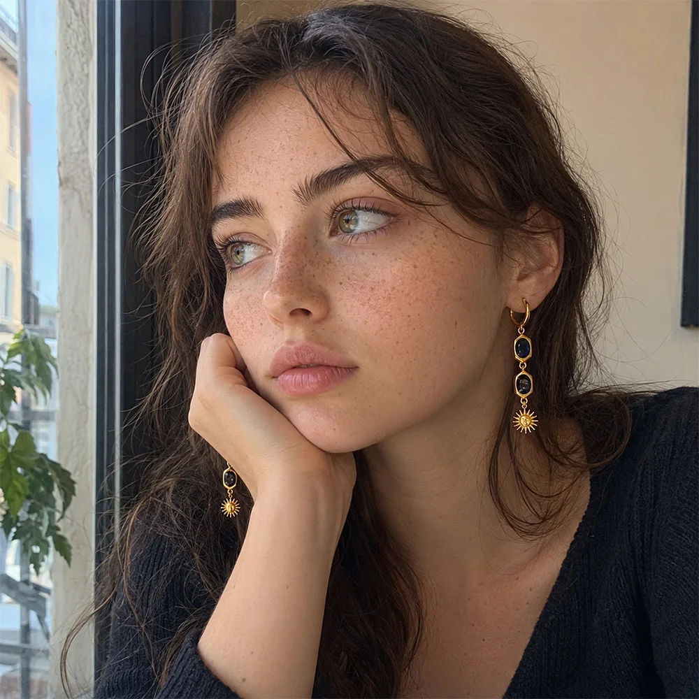 MamacitaSlay 316L Stainless Steel Oval Blue Zircon Sun Hoop Earrings 18K Gold Plated Waterproof Jewelry For Women Vintage Gift