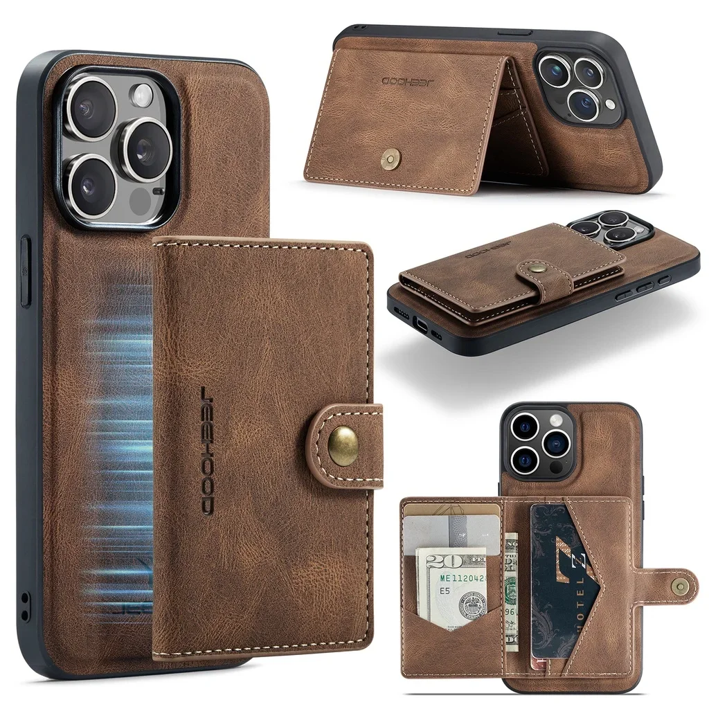 Detachable Magnetic Leather Case for iPhone 15 Pro Max 16 Pro 14 13 12 11 Xs Max Xr 7 8 Plus SE 3 Magnet Clasp Card Wallet Cover