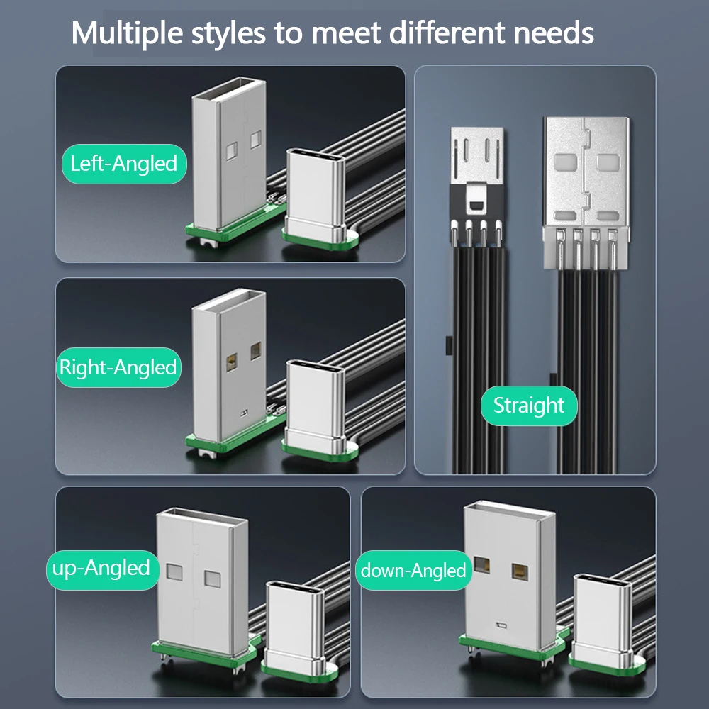 

USB To Type C 2.0 Flat Silicone Data Cable 90 Degree Elbow Up Down Left Right Double for Mobile Phones Computers Tablets Laptop