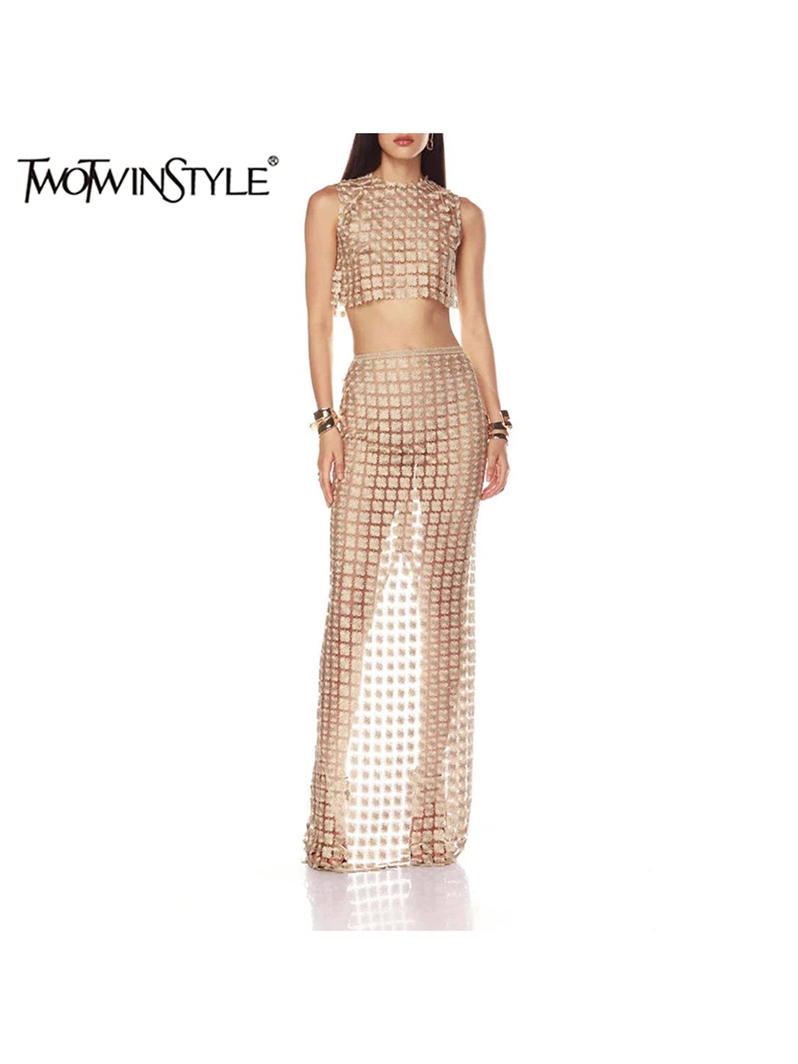 

TWOTWINSTYLE однотонные ажурные комплекты из двух предметов для женщин, короткий топ без рукавов с круглым вырезом, длинная юбка с высокой талией, сексуальный комплект, женский новый
