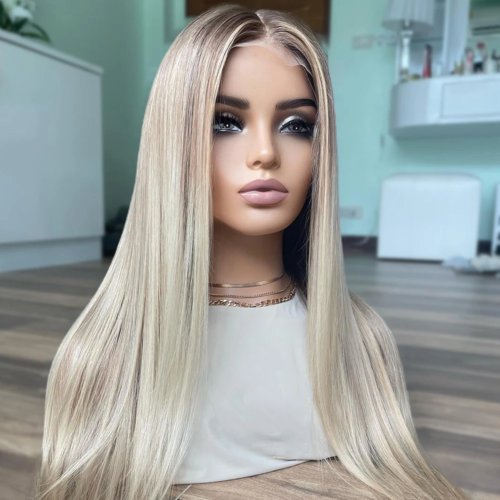 

Silky Straight Ombre Human Hair Wig Light Blonde Full Lace Wigs Ashy Roots 200% Glueless HD 13x6 Lace Front Wig for Black Women