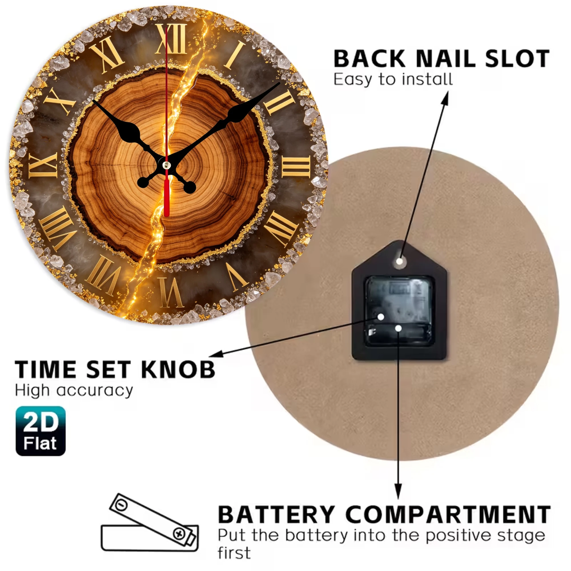 Rustic Wood Ring Gold Geode Wooden Wall Clock, 10/12 Inch Round Wood Clock, Silent Non Ticking Quartz Movement, Amber Crystal Crack Printed Home Decor