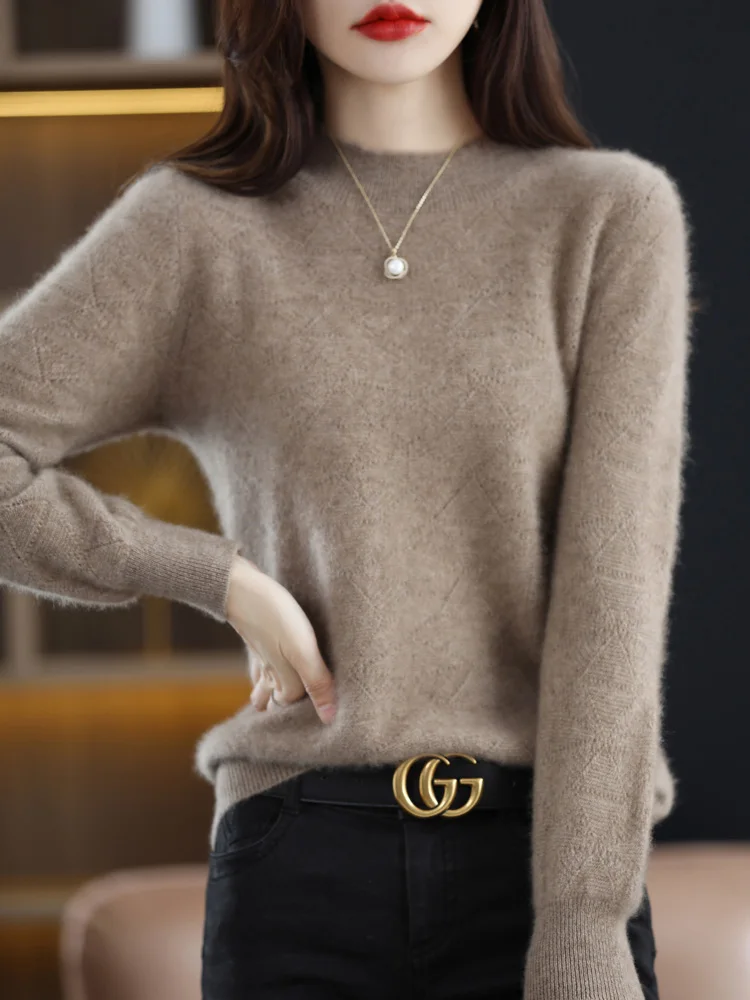 

New Fashion Women Merino Wool Sweater Geometric Hollow Out O-Neck Pullover Casual Regulai Fit Knitting Clothes Autumn Winter