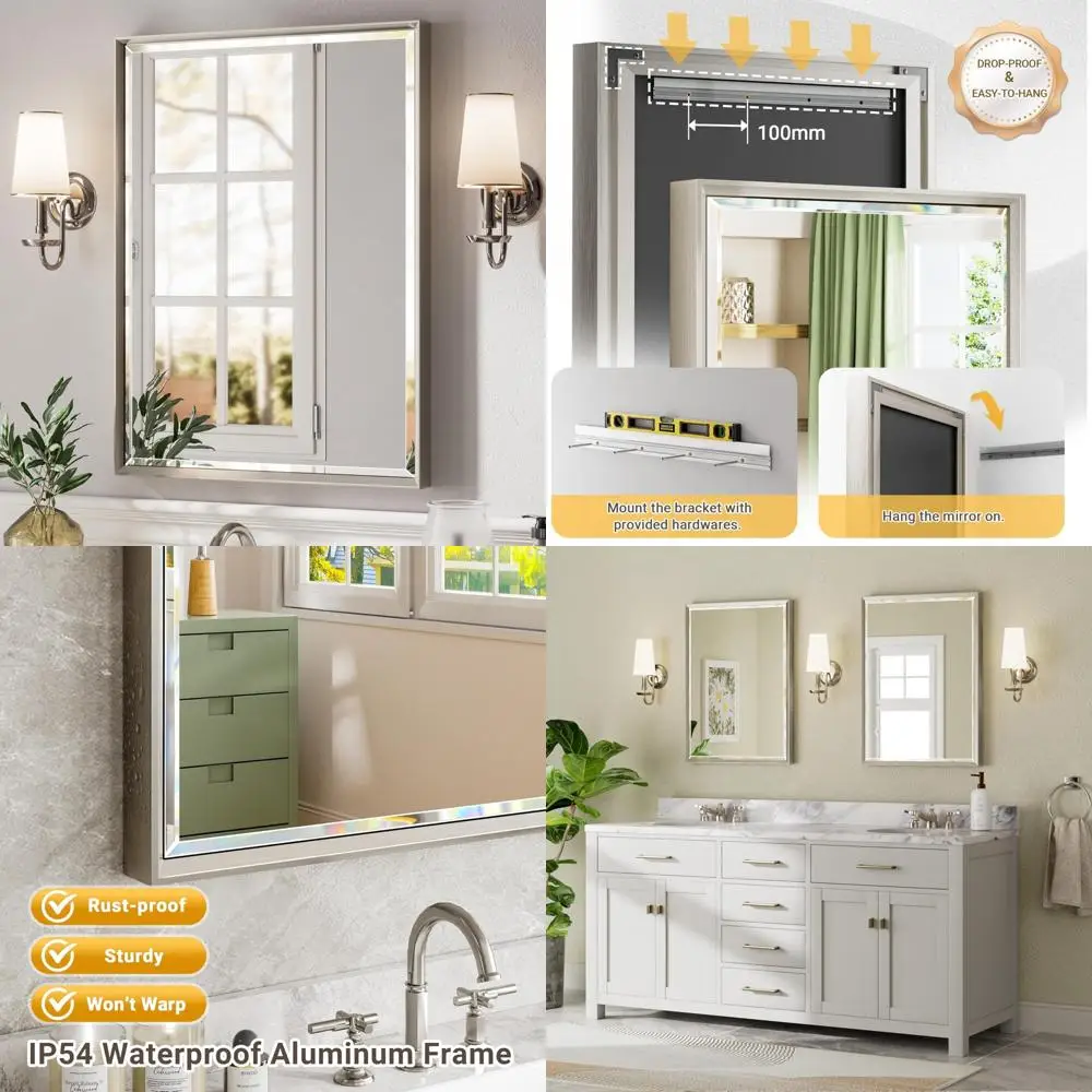 

Зеркало для ванной комнаты с антикоррозийной скошенной рамой из матового никеля, 24x32 дюйма, металлический каркас, устойчивое к ржавчине туалетный столик для ванной комнаты