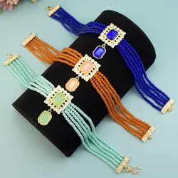 Sunspicems Fashion Morocco Choker Necklace Square Crystal Pendant Beads Chain For Women Arabic Bride Wedding Jewelry Gold Color