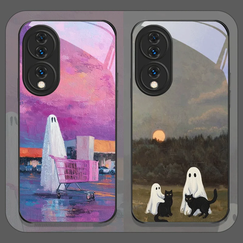 Cute Cartoon Black Cat Ghost Printed Tempered Glass Phone Case for Huawei Nova 13 Pro 12 11 SE 10 P60 Lite Mate 40 50 60 Covers