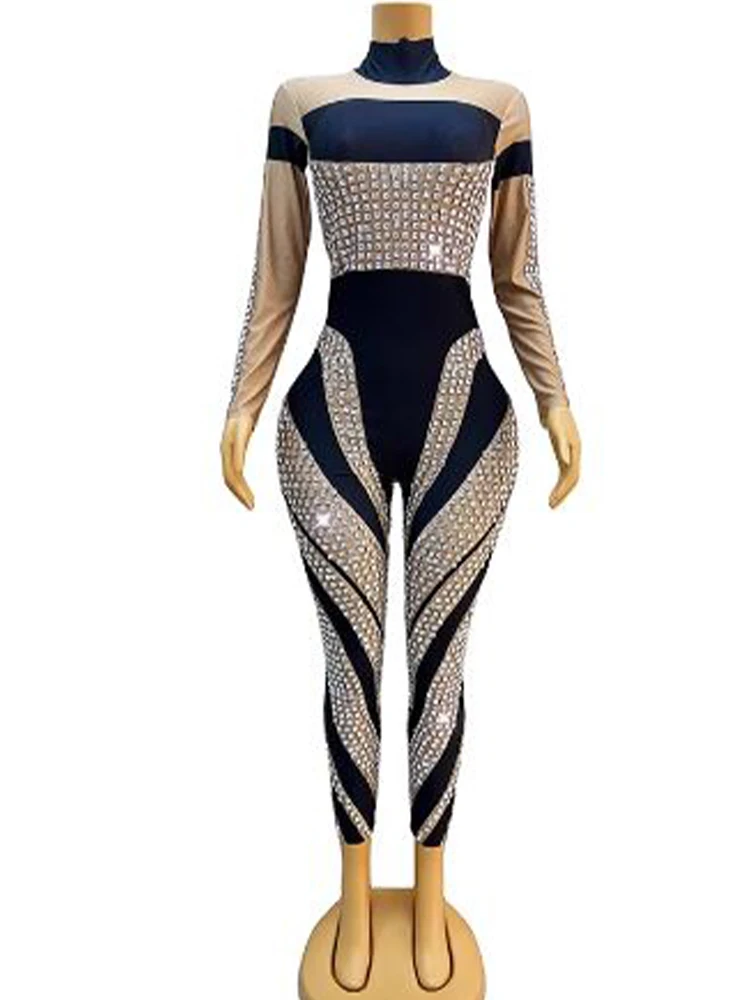 High Quality Hot Diamond Slim Fit Patchwork Pattern Elastic Jumpsuit 2024 New Fashion Custom Women'S Clothing