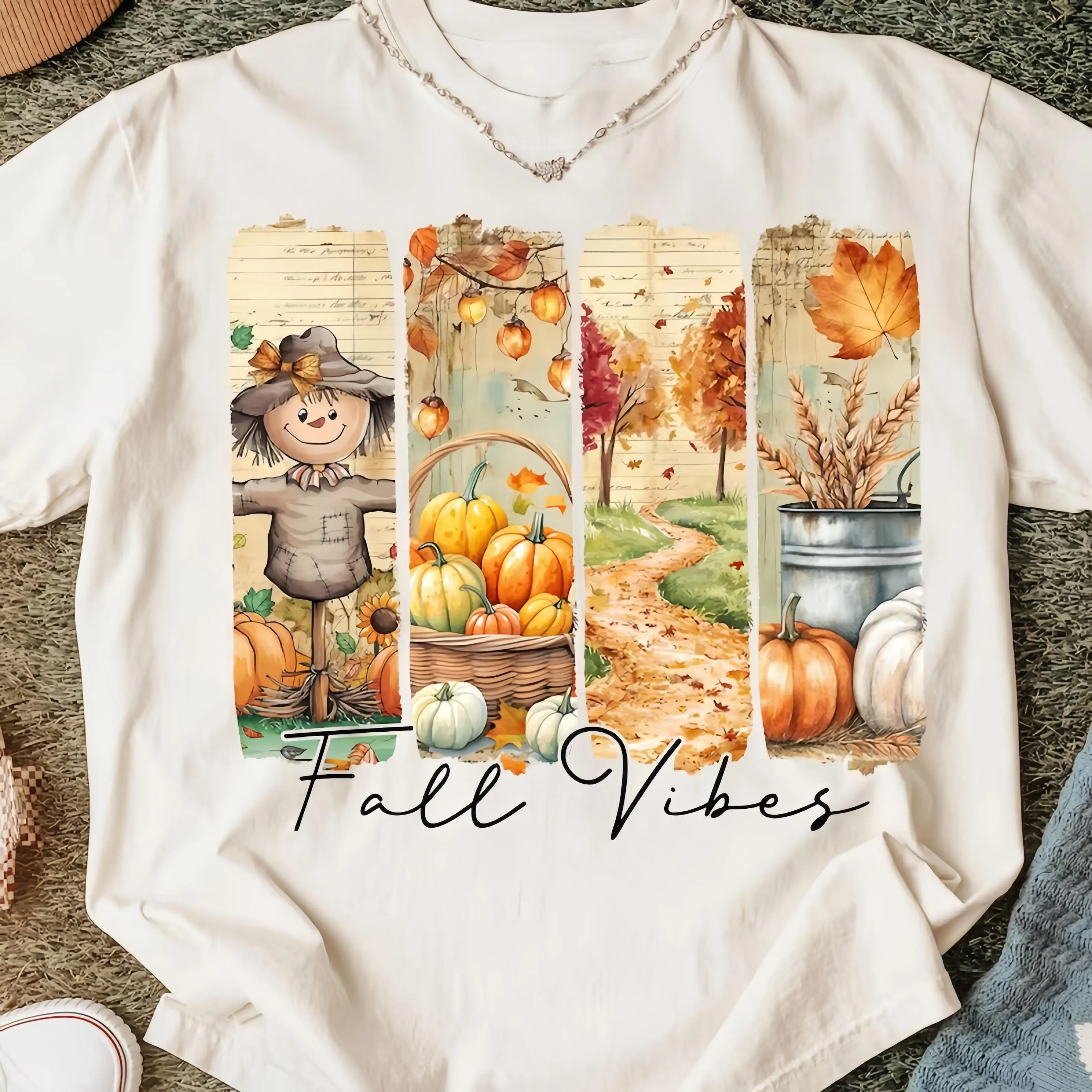 

Fall Vibes T-Shirt Rustic Autumn Scene Graphic Tee Unisex Pumpkin Patch Apparel Cozy Harvest Gift
