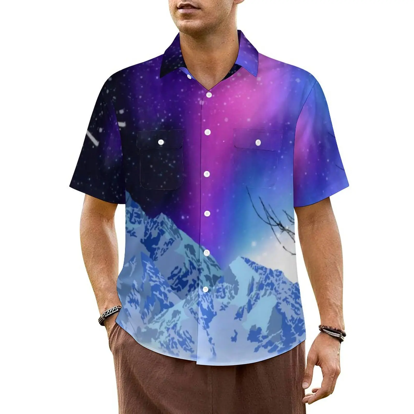 

Mountains Northern Lights Casual Shirt Winter Wonderlights Classic Summer Shirts Male Short Sleeve Fashion Oversize Blouses