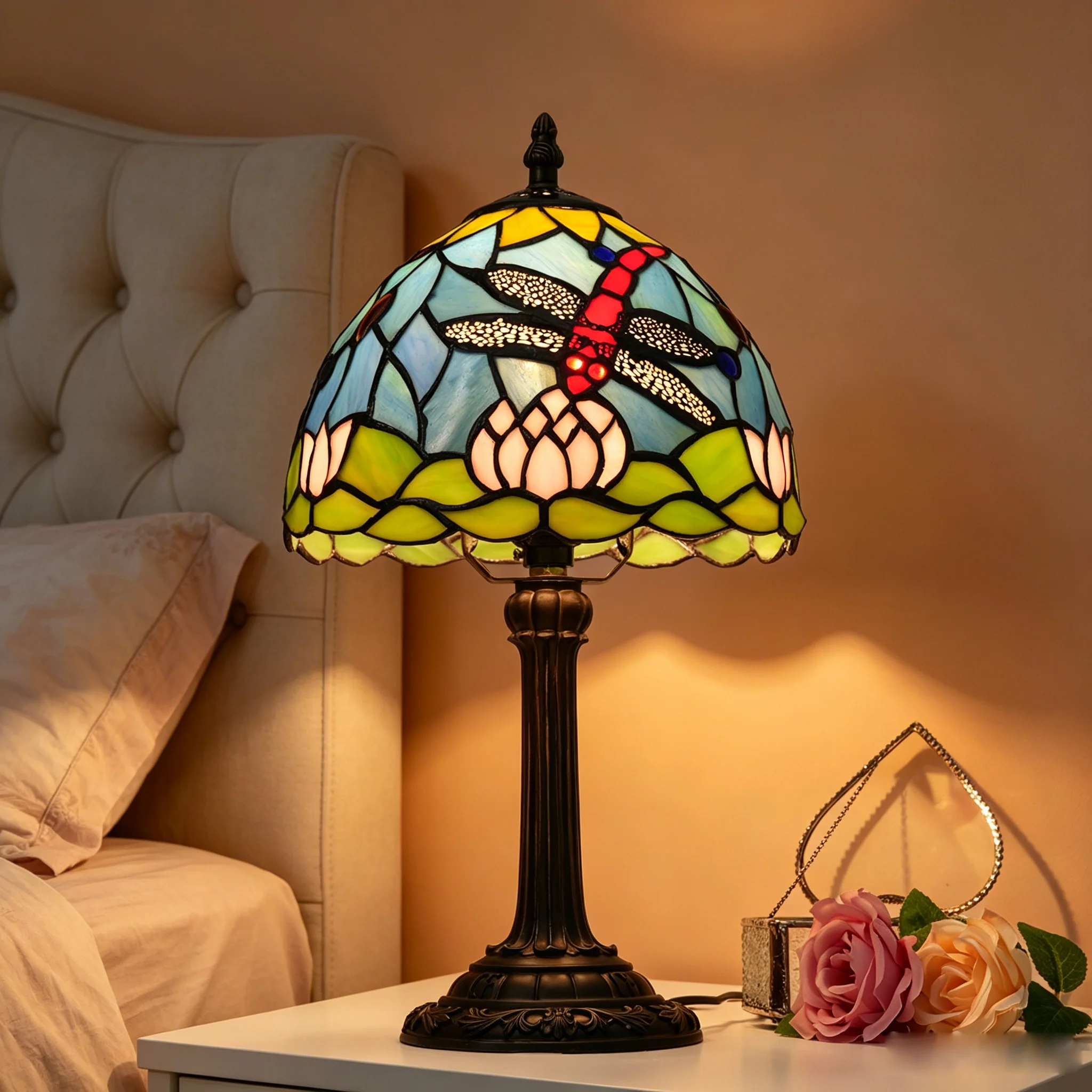 Tiffany Style Table Lamp 8 Inches Stained Glass Bedside Lamp Red Dragonfly Desk Reading Light Bedroom Living Room Home Office