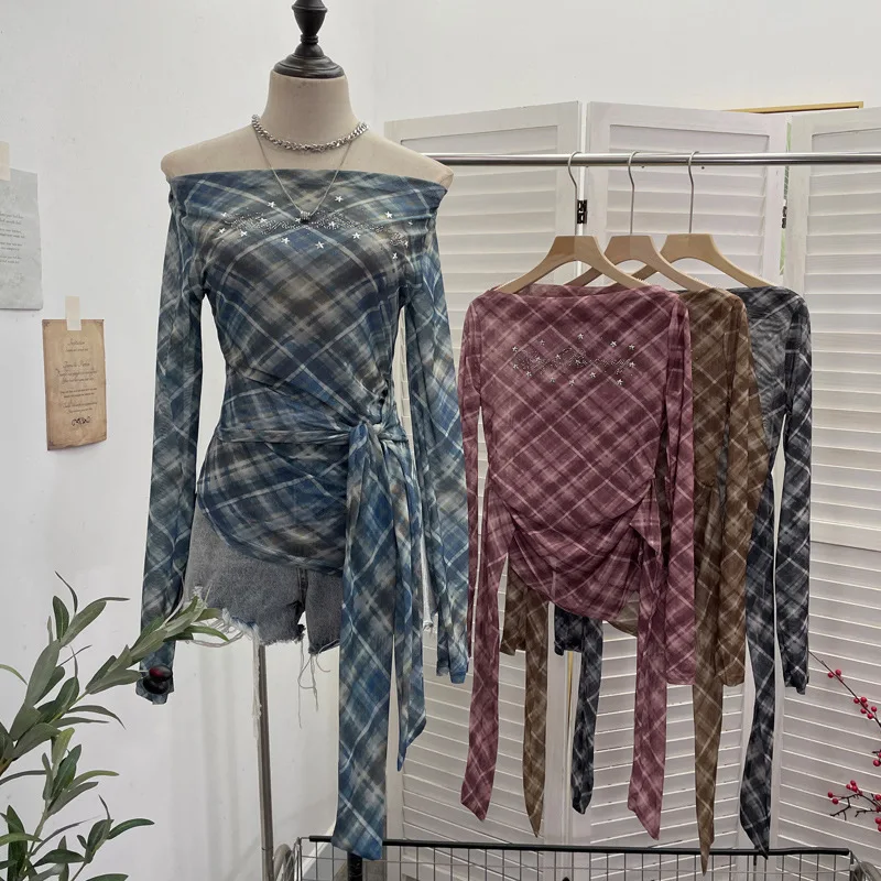 High Quality Hot Selling Wholesale Autumn New Grid Mesh Long Sleeved T-shirt Irregular Y2k Sloping Shoulder Short Top Women