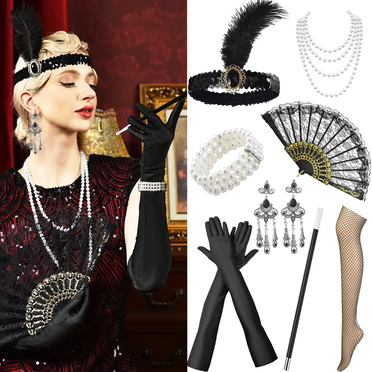 1920s flapper gatsby festa bandana longo luvas pretas colar de pérolas brincos conjunto de jóias titular cigarro acessórios traje