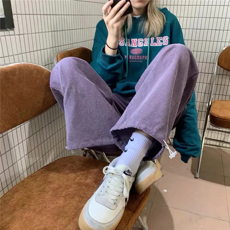 

Harajuku Corduroy Wide Leg Pants Women Solid High Waist Casual Sweatpants Vintage Korean Loose All Match Straight Trousers New