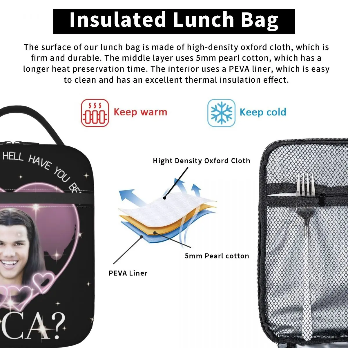 جاكوب توايلايت بيلا أين الجحيم هل كنت لوكا حقيبة الغداء علب الاغذية الجمالية حقيبة للحفاظ على البرودة أكياس الغداء الحرارية أكسفورد
