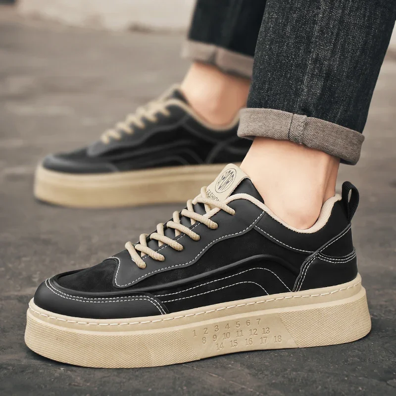 

LiveDay Men's Thick-Soled Board Shoes Leather Comfortable Lace-Up Non Slip Sneakers Fashion Walking All-match Male Flat Footwear