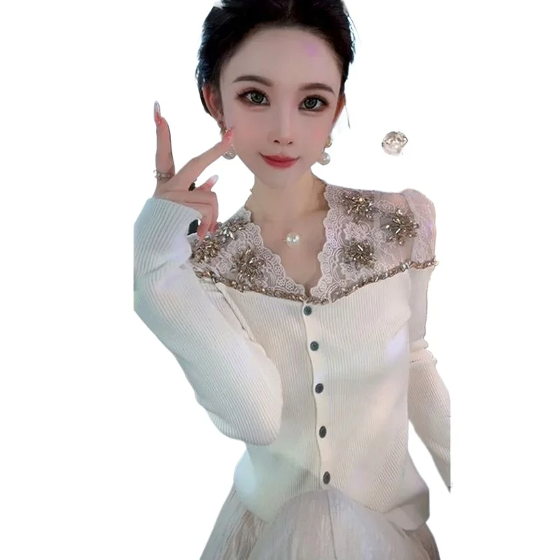 

Женский тонкий топ, осенне-зимний новый модный универсальный темпераментный кружевной вязаный свитер с v-образным вырезом и длинными рукавами