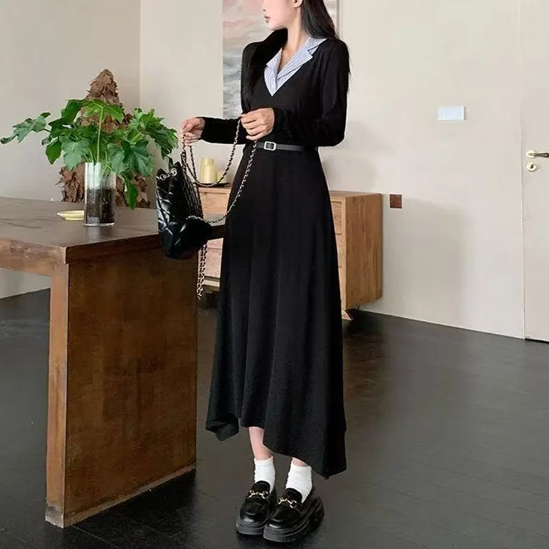 French Style Aura Midi Dress Spring Autumn New Fake Two Pieces Female Clothing Polo-Neck Patchwork A-Line Stylish Sashes Dresses