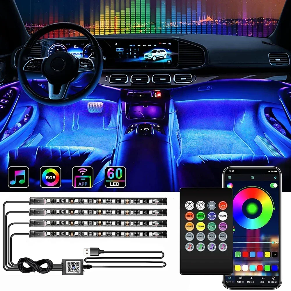 Universal Auto RGB Decorative LampsCar Interior Ambient Foot Strip Light Kit Accessories Backlight Remote App Music Control