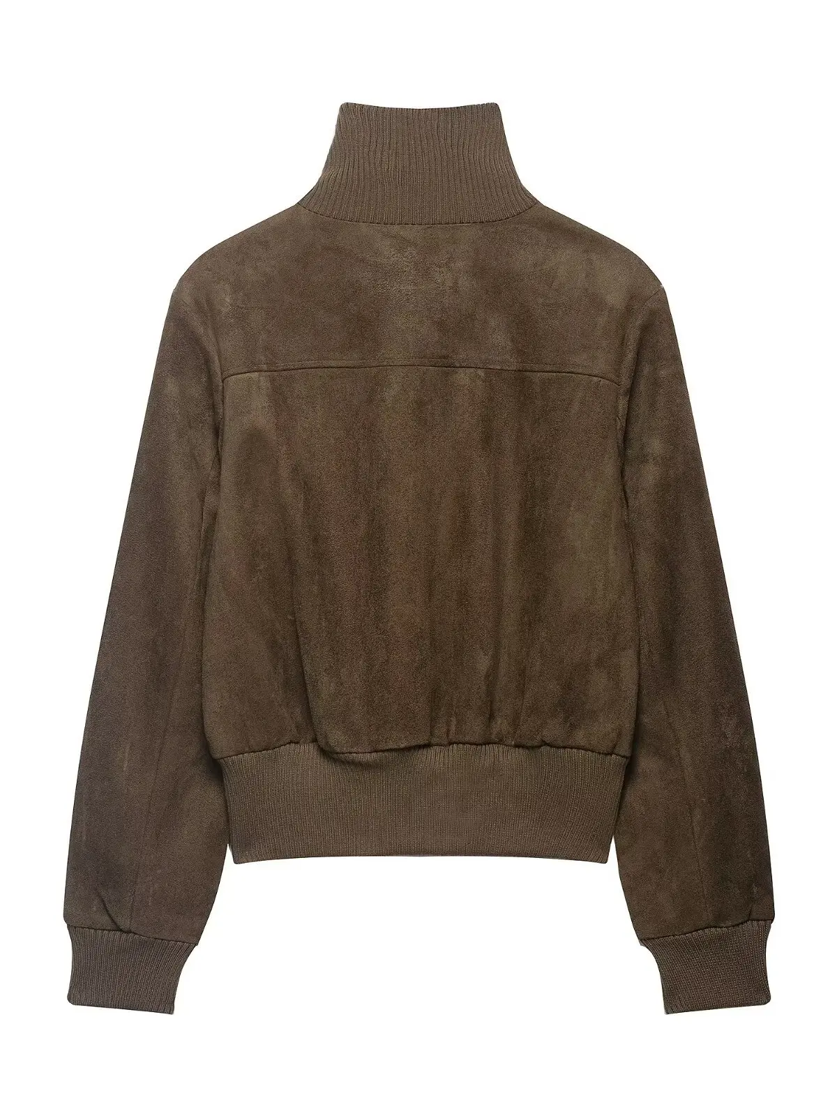 Women's Retro Ribbed Stand Collar Pilot Jacket Suede Zipper Short Casual Outerwear Polyester Fiber Long Sleeve High Waist Type