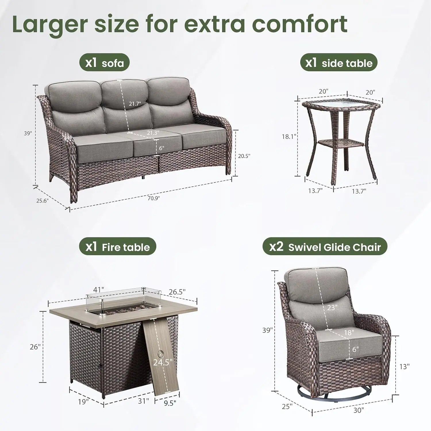 Thick Cushion Wicker Patio Set with Fire Pit Swivel Chair Sofa Side Table 5pcs Outdoor Conversation Set for Deck, Customized