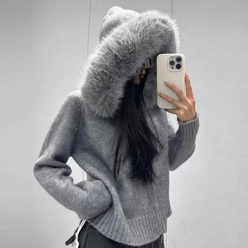 Chic Autumn Winter Vintage Loose Casual Versatile Long Sleeve Large Fur Collar Hooded Knitted Sweater Coat Women's Style