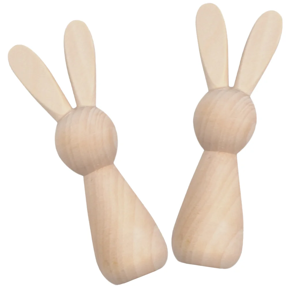 2 Pcs Wooden Bunny Unfinished Peg Dolls Mini Figurine DIY Painting Painted Blank Rabbit Child