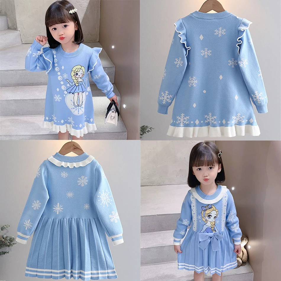 

Girl Elsa Cartoon Warm Pullover Knitted Princess Dress Children Snow Queen Long Sleeves Clothing Kids Birthday Halloween Apparel