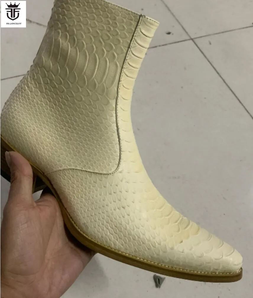 Brand New Fashion Men shinny leather boots zip side snakeskin print leather ankle booties male party shoes low heel mens boots