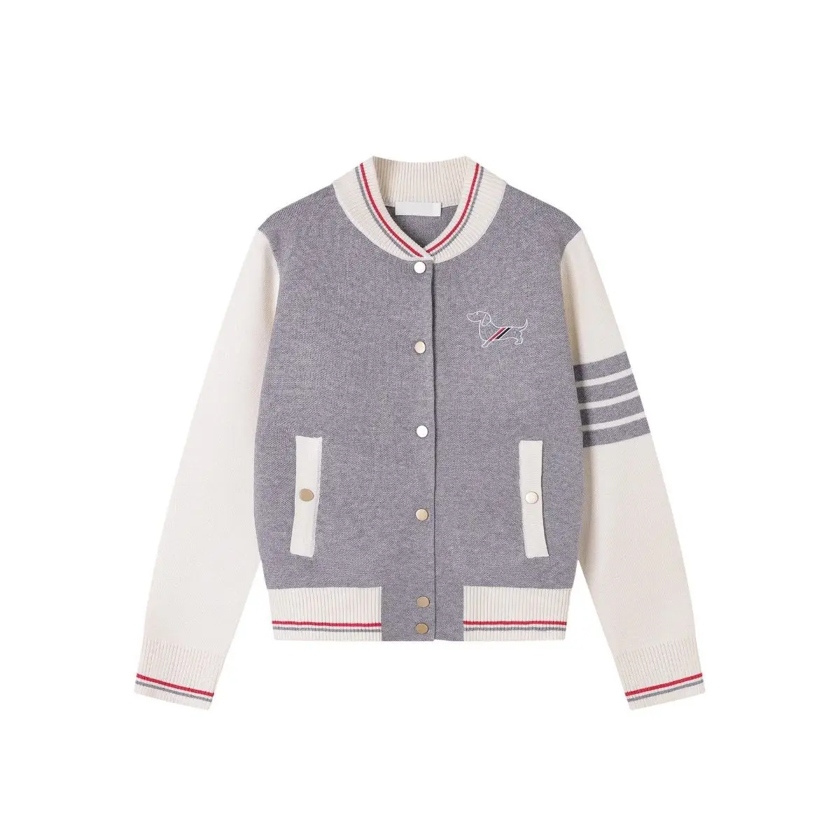 Elegant Knitted Cardigan Women's Sweater with Embroidered Dog Collar College Style Color Block Autumn Winter Fashion Top