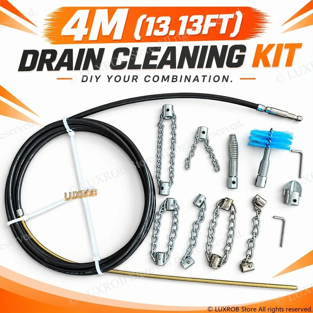 4M Drain Cleaning Kit  2-4 Optional Attachments Steel Flexible Shaft Drain Auger Snake Pipe Dredger for Sink Sewer Clog Remover