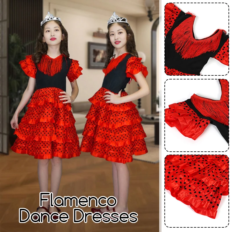 Kids Spanish Flamenco Dance Dresses Carnival Stage Performance Costume Girls Tassel Ruffled Sleeve Ruffles Dance Tutu Dress