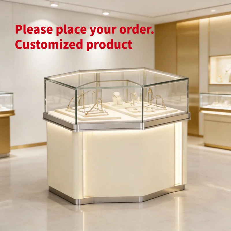 custom.Luxury Corner Jewelry Display Showcase Milk White Silver Trim with LED Light Modern Angled Retail Island Counter Furnitur