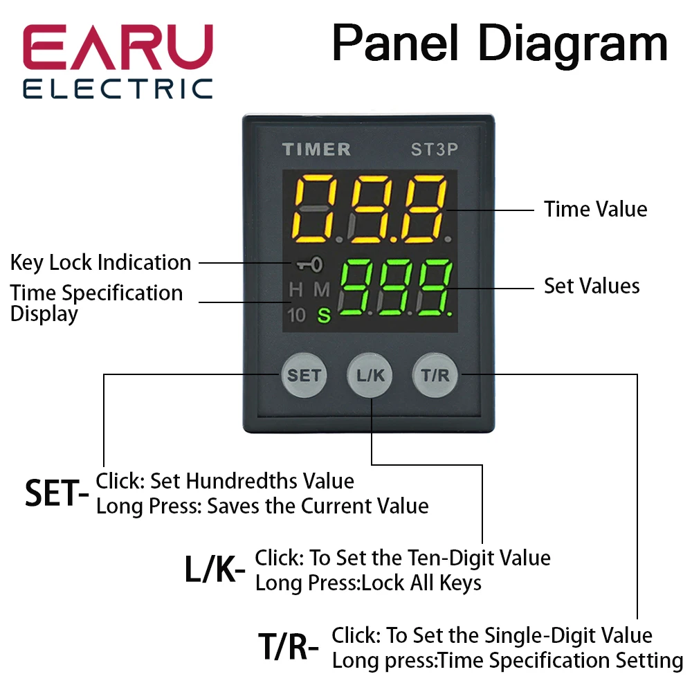 Relè temporizzato LCD serie ST3P DC/AC12V 24V AC110V 220V 380V relè di ritardo Timer programmabile di precisione 0.01S-9990h con Base presa