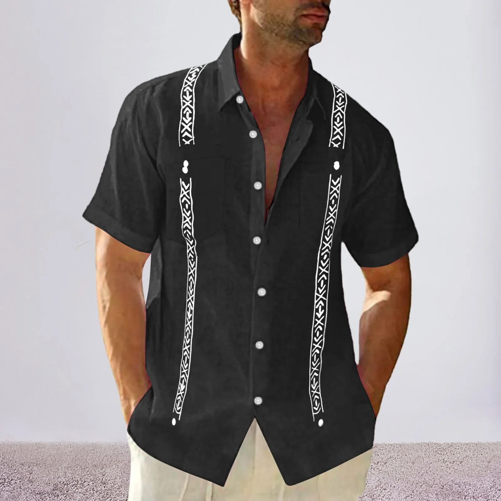 Large Size Oversized Beach Clothing Men'S Short Sleeve Linen Shirt Cuban Beach Top Pocket Guayabella Camisas Para Caballero