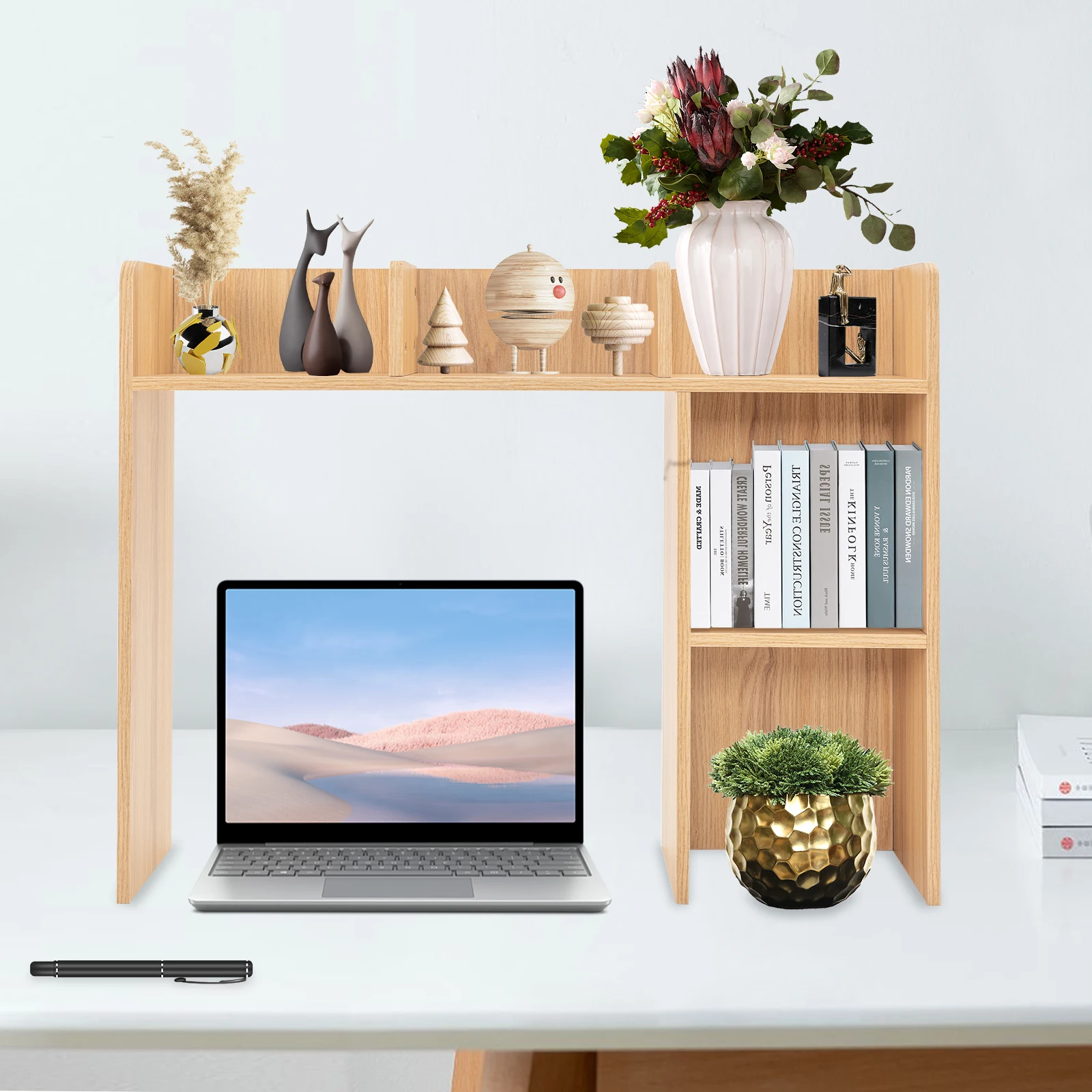 

Wooden Office Desk, Bookshelf Storage Rack, Desktop Computer, Book, Toy Storage Rack