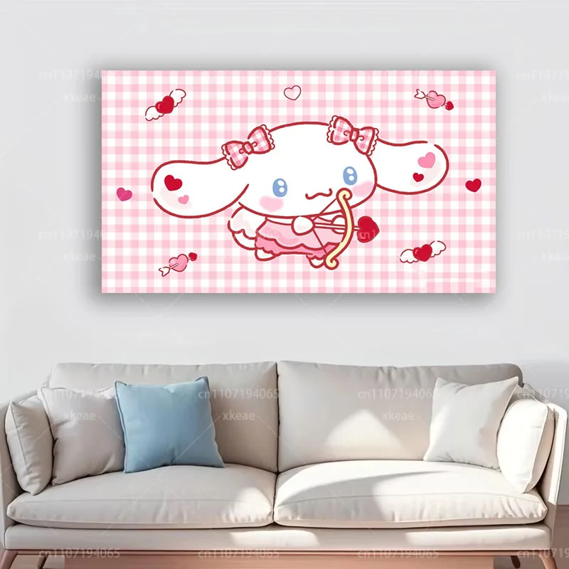 Tapiz de Sanrio Cinnamoroll con diseño de cuadros rosas y corazones, decoración de pared con dibujos animados para dormitorio, sala de estar, sofá