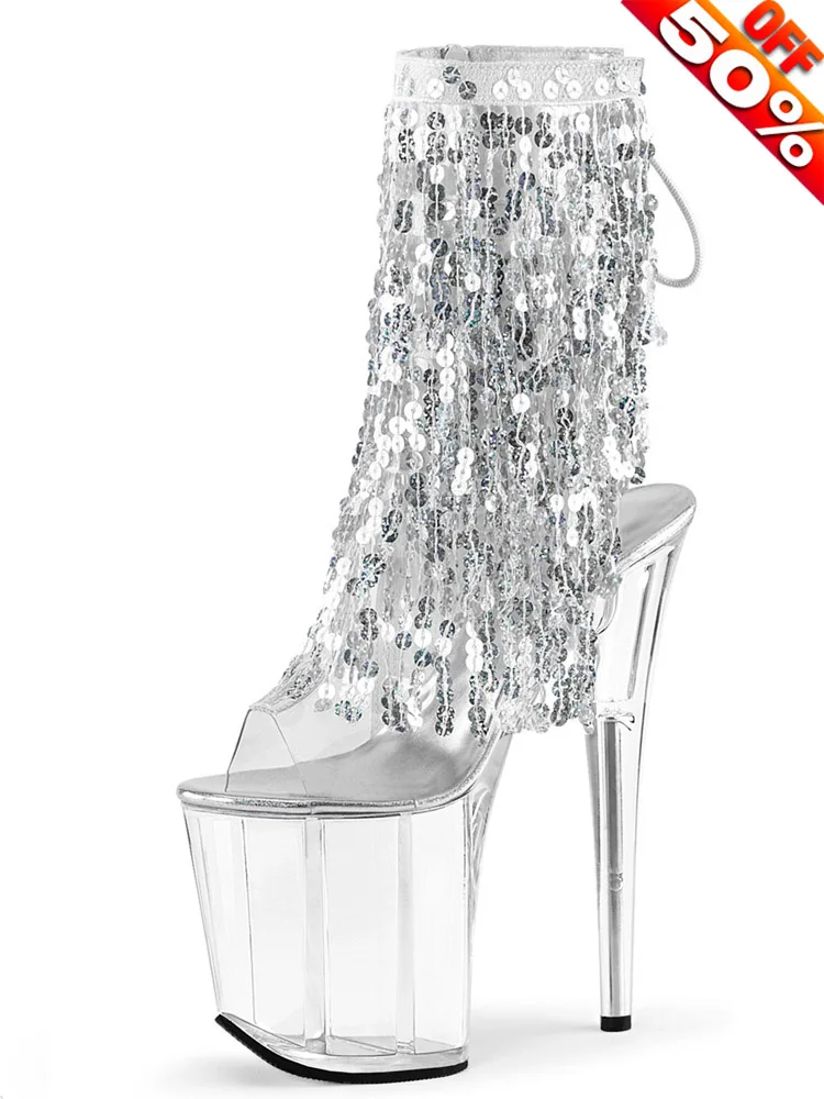 Silver Glitter Bling 6-Inch Ankle Boot Stripper Heels for Nightclub Stage Exotic Gothic Sexy Fetish 8-Inch 17cm Pole Dance Shoes