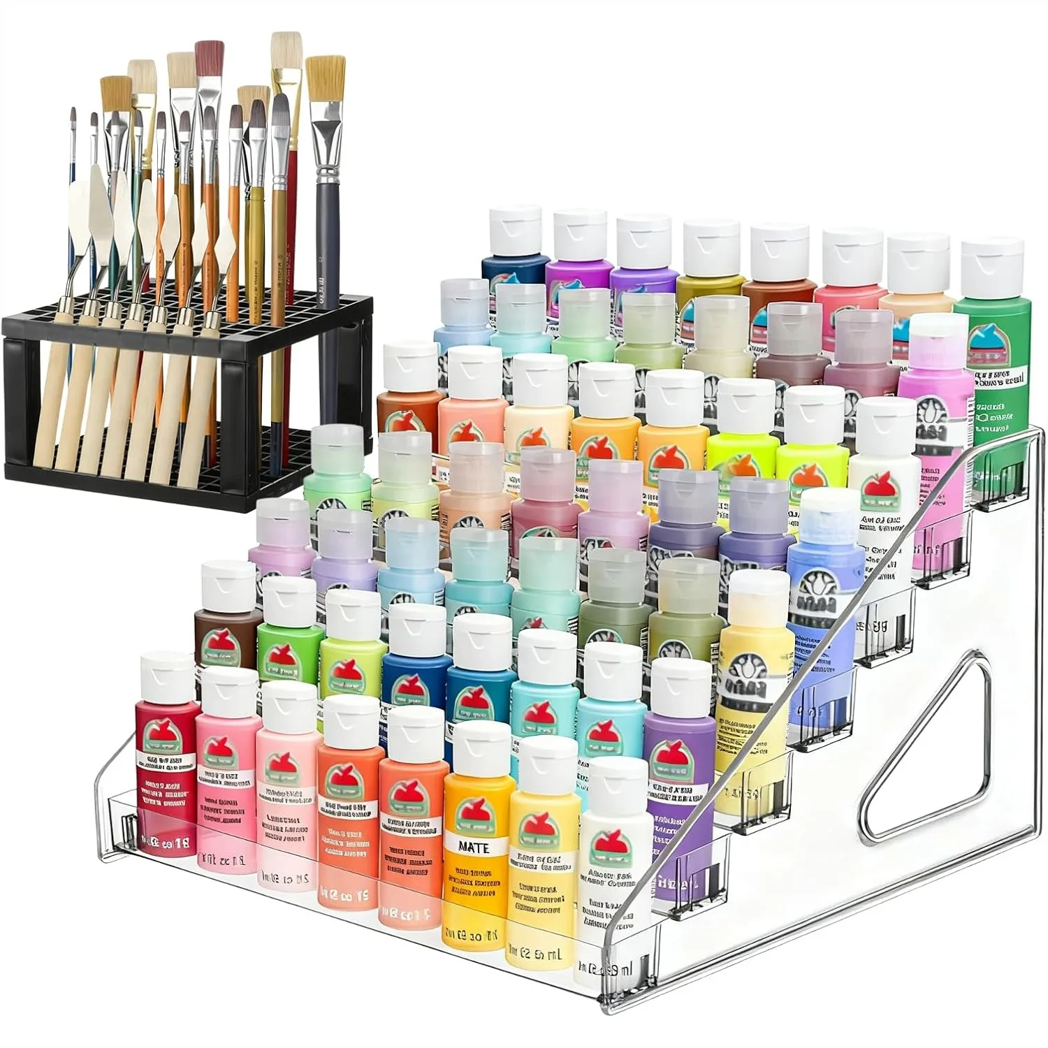 

7 Layer Clear Paint Organizer with Brush Holder for Acrylic Paint Storage, Vertical Craft Rack for Small Tubes and Jars