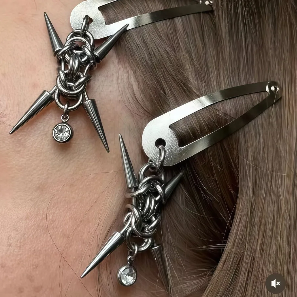 Stainless Steel Punk Hair Clips Original Punk Y2K Rivet Spike Chain Hair Clips Heavy Industry Goth Hair Clips Women Girl