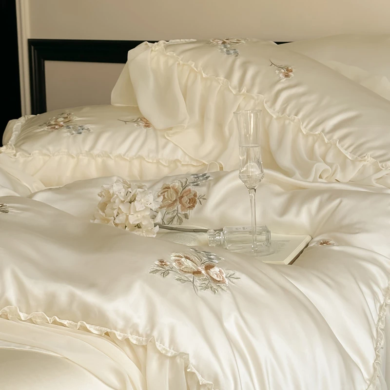 Chiffon ruffle edge Princess Chic Bedding Set Lyocell Cotton Embroidery Duvet Cover Bed Sheet/Fitted Sheet Pillowcases 4Pcs