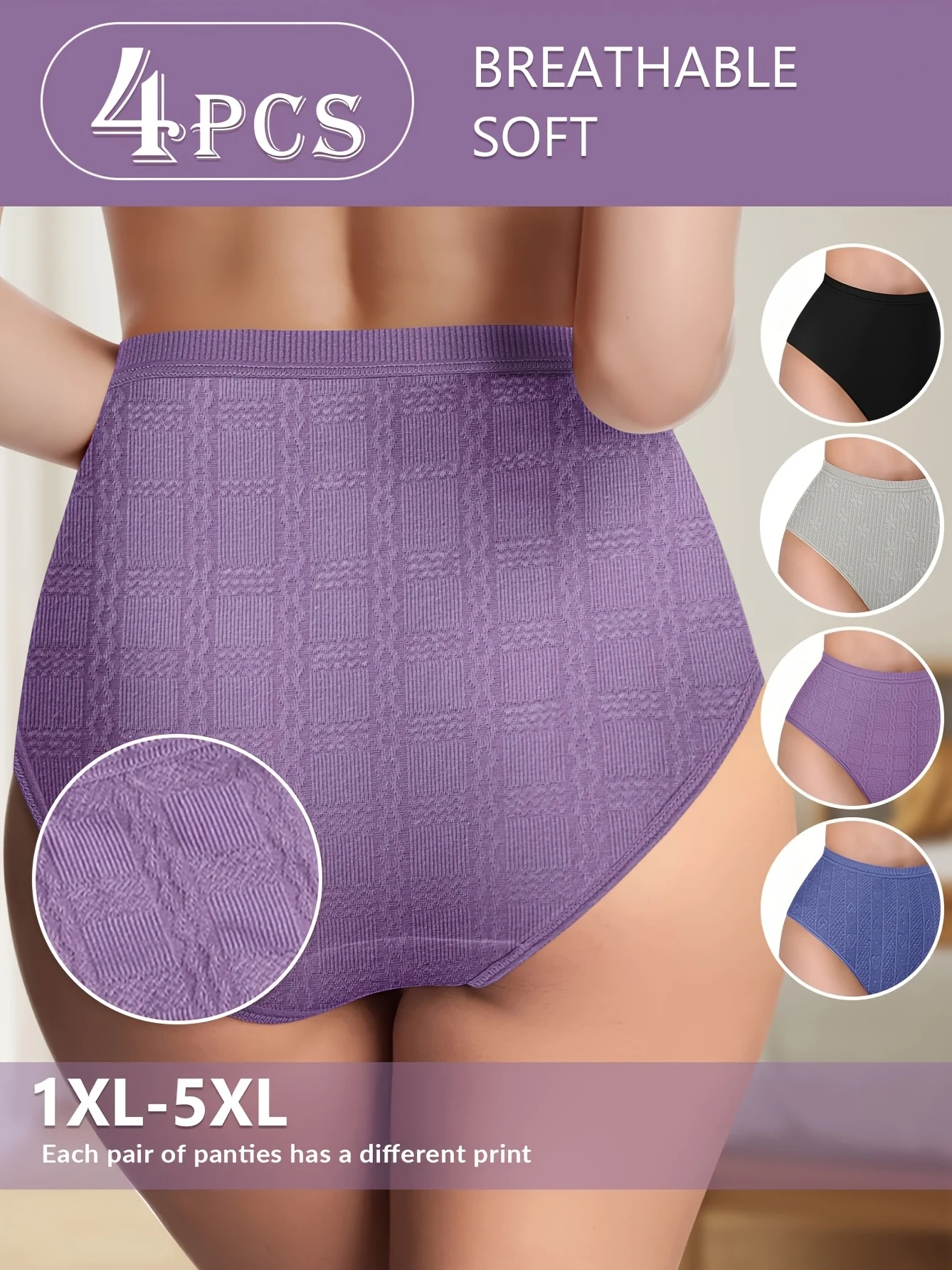 4-teilige Damenunterwäsche mit hoher Taille – Bauchkontrolle, Po-Lifting, weiche und atmungsaktive Mischung, elegante Pastellfarben (lila,