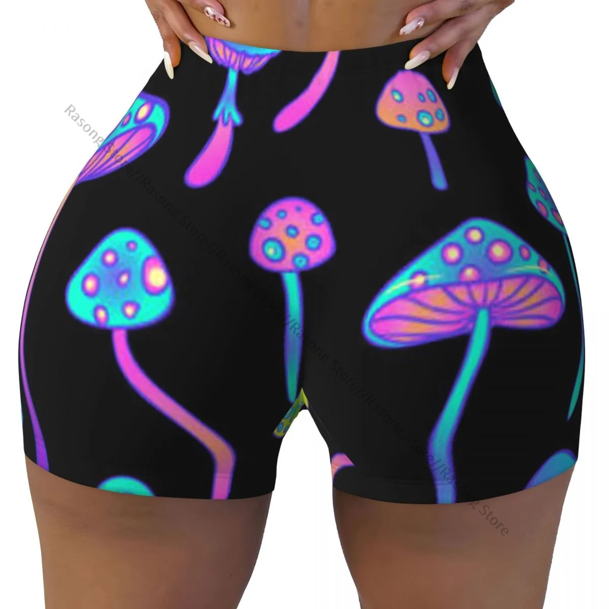 Shorts de ioga de elastano para mulheres, cogumelos mágicos dos anos 60, hippie, arte colorida, shorts de treino